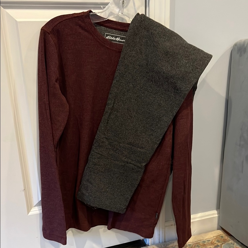 Eddie Bauer Burgundy Top and Gray Pants Set - Pajama Set